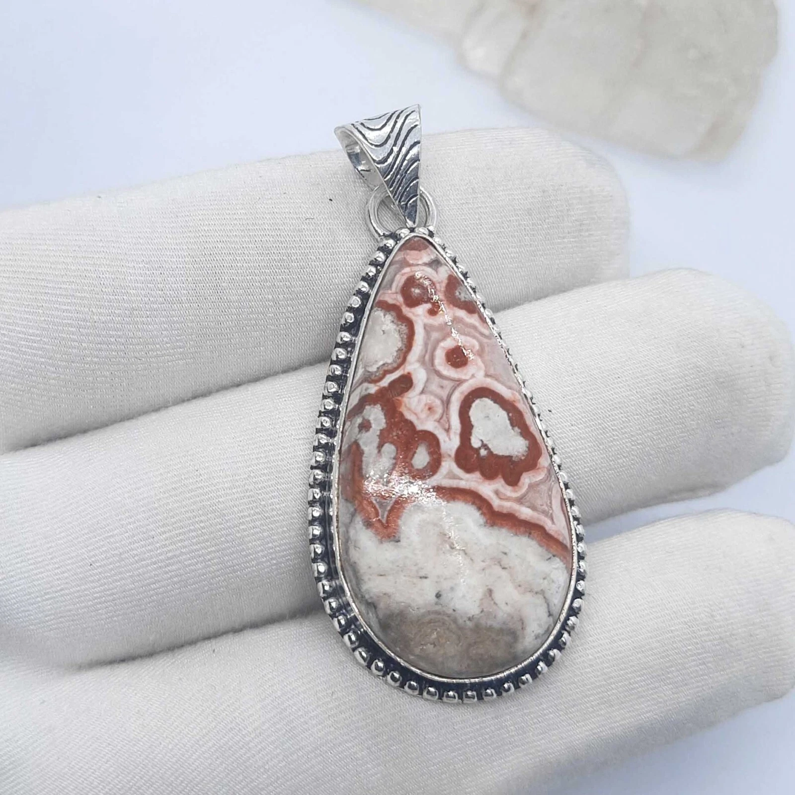VETEMENTS Christmas Gift ! Crazy Lace Jasper Pear Gemstone 925 Sterling Silver Pendant 2"