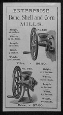 Pequeña hoja de ventas Enterprise Bone Shell Corn Mills años 1887-90 con precios en muy buena condición