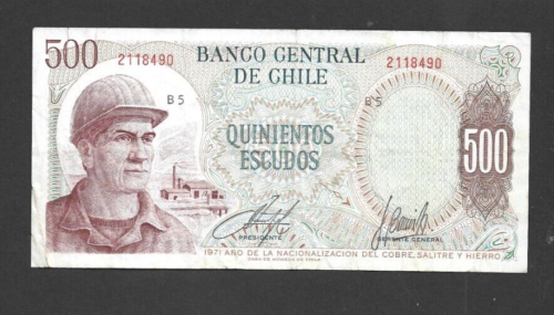 500 ESCUDOS VG-FINE  BANKNOTE FROM CHILE  1971  PICK-145 - Picture 1 of 2