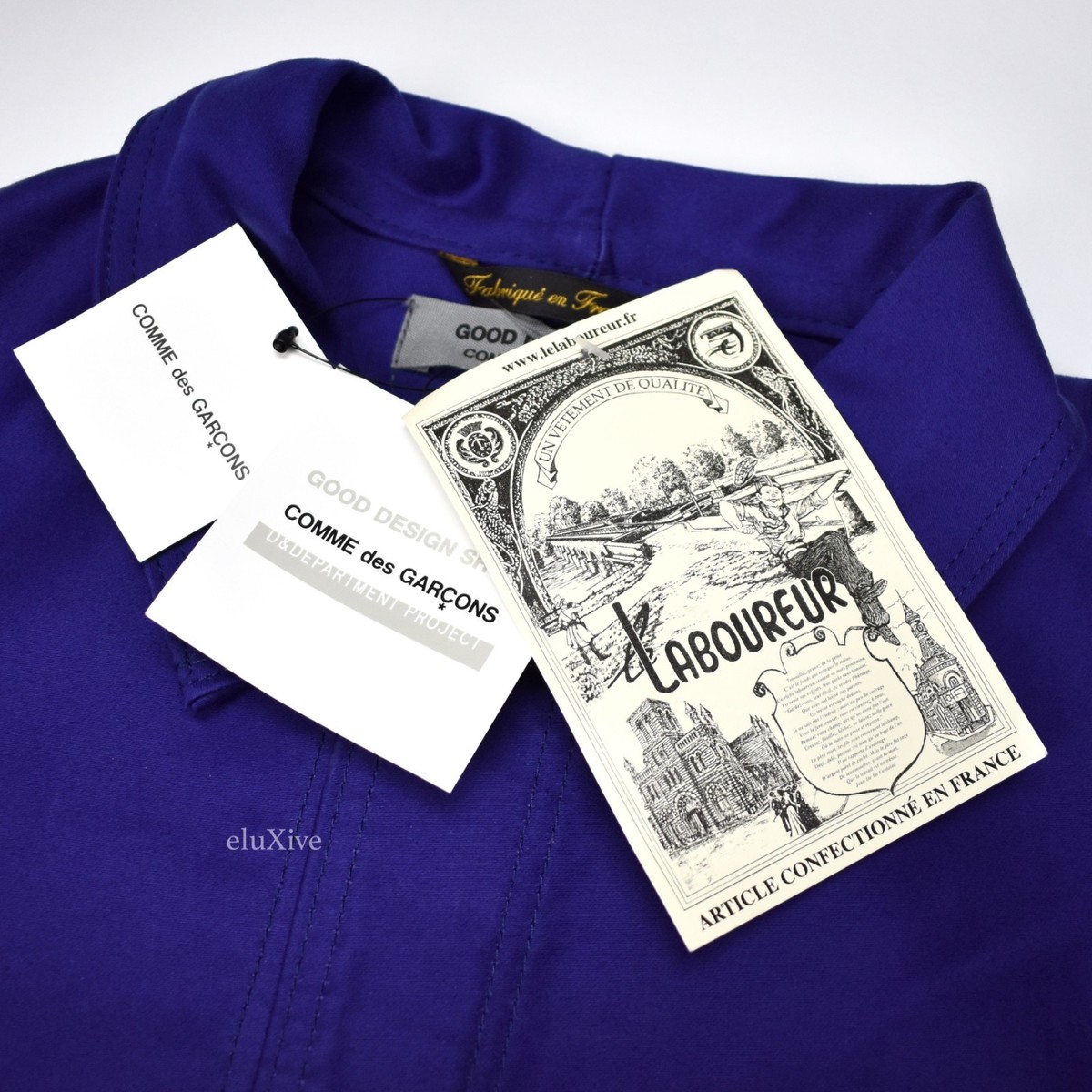 NWT Comme des Garcons CDG Le Labourer Blue Logo Print Long Coat