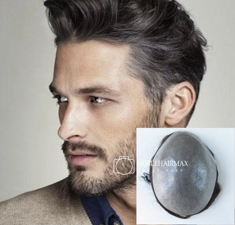Mens Toupee Natural Ultra Thin Skin Hairpiece Mens Hair Replacement Grey System