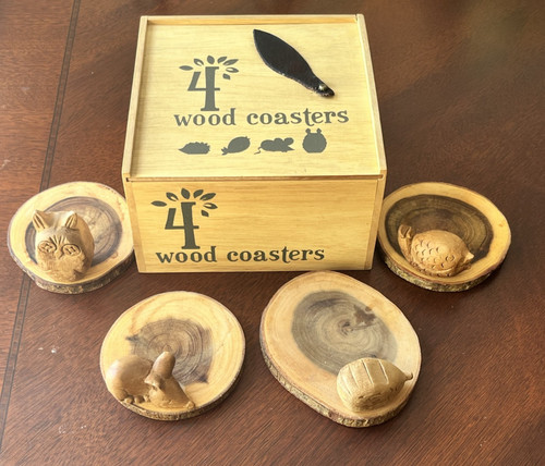 Carved Wood Animal Coasters, Owl, Mouse, Turtle, Hedgehog Woodland Set of 4