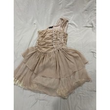 Ryu Womens One Shoulder Chiffon Tiered Lace Trim Cocktail Dress Champagne Small