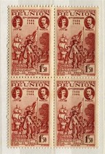 FRENCH COLONIES; REUNION 1943 Affiliation Anniversary MINT MNH BLOCK of 4, 1.5Fr