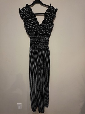 Max Studio Black White Polka Dot Sleeveless Ruffle Jumpsuit Wide-Leg Size Small
