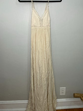 Boho Bridal Beach Babe Lulus  Beige Solid Crochet  Maxi Dress Size XS