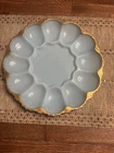 Vtg Anchor Hocking Delphite Blue Deviled Egg Serving Plate Glass GoldTrim