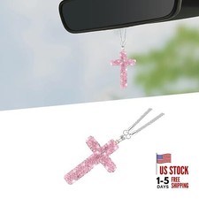 Bling Car Hanging Ornament, Cross Crystal Rhinestone Vehicle Rear View Pink