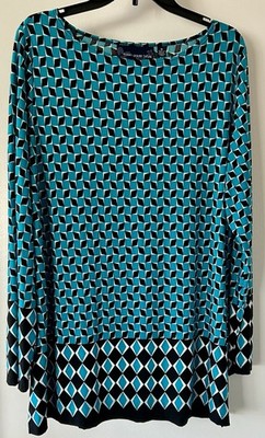 Susan Graver Style Liquid Knit LN Teal Blue Geometric Design Tunic Top Plus 1X
