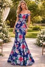 NWT My Michelle Off The Shoulder Formal Gown Floral Print Satin Sz 1 HOCO PROM