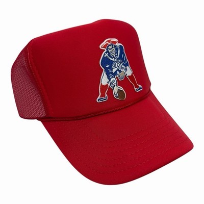 NEW ENGLAND PATRIOTS PAT RED HAT 5 PANEL HIGH CROWN TRUCKER SNAPBACK RETRO LOGO