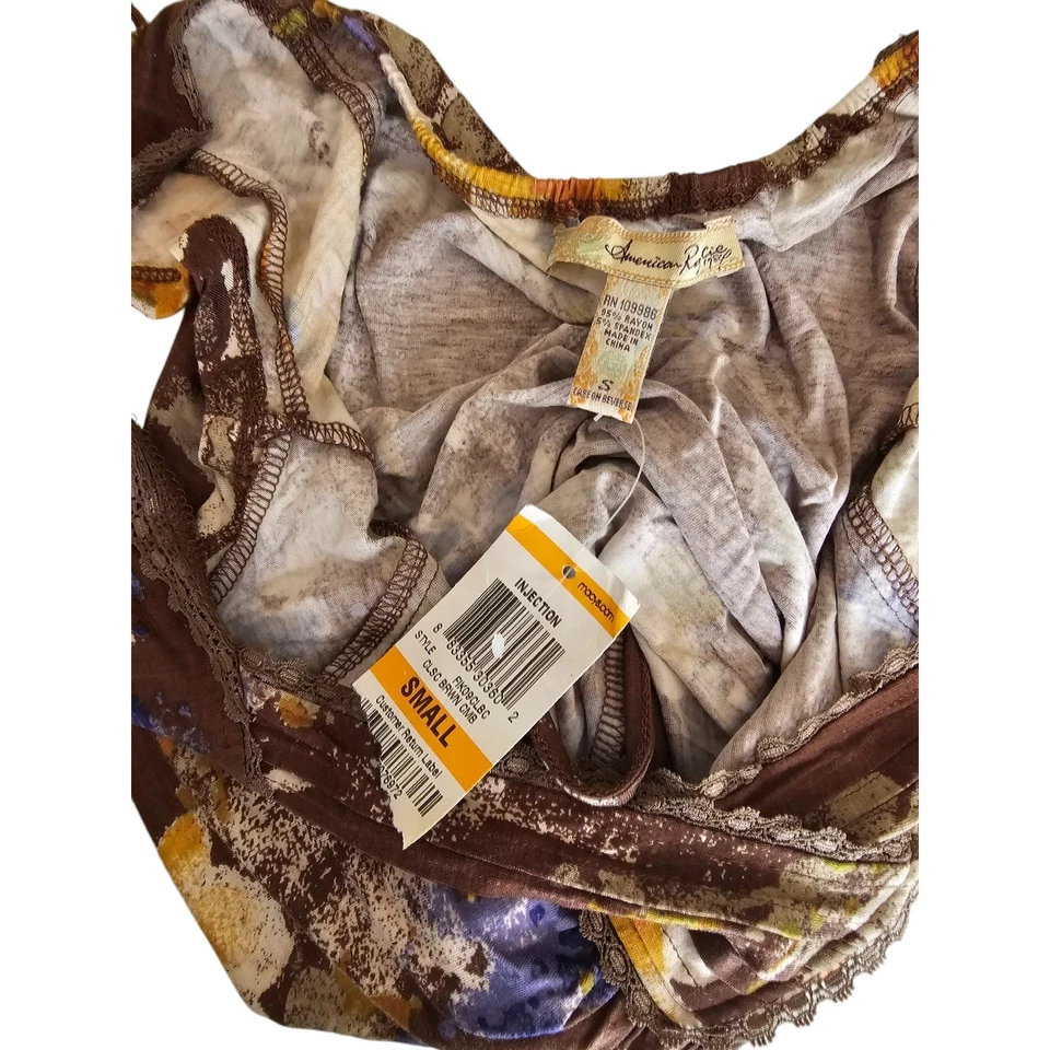 American Rag Womens Sz S Cap Sleeve T Shirt Tie Back Brown Floral NEW - Image 4 of 4