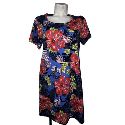 New Enjoynight Womens Floral Tropical Hibiscus Nightgown SS Pockets Blue Sz S/M