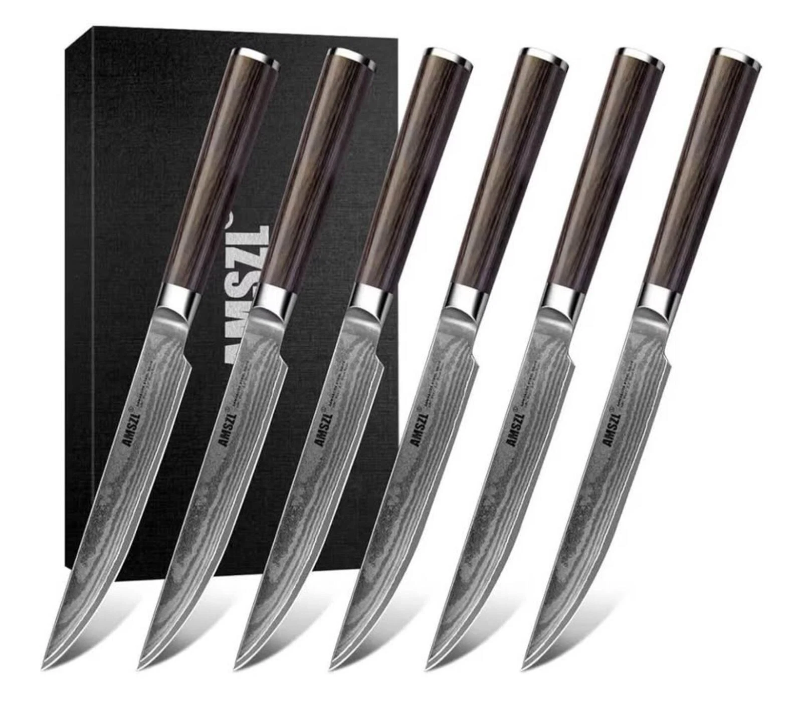 Amszl 6‑Pc Damascus Steel Steak Knife Set 5.5" Straight Edge – New in Box