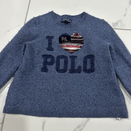 Polo Ralph Lauren Sweater Youth Girls M (8-10) Blue Knit I Love Polo Sequins - Picture 1 of 6