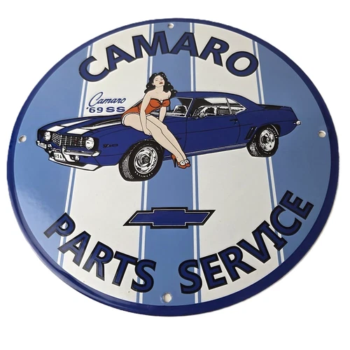 Vintage Chevrolet Sign - Porcelain Camaro 69 SS Gas Pump Auto Pinup Girl Sign
