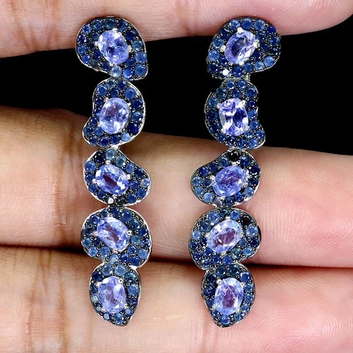 925 Sterling Silver Earrings Oval Tanzanite 4x3mm Sapphire Diamond Cut Gemstone