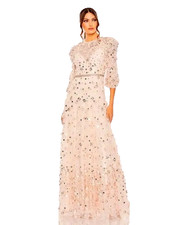 Mac Duggal Blush Pink Peach 3d Floral Applique Puff Sleeve Gown Size 14 698