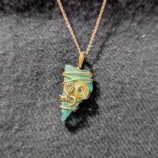 Gold Tone Green Sea Glass Wire Wrapped Pendant Statement Necklace