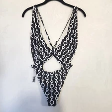 Forplay Womens Size Small  Black White Chain Print Haiti One Piece Swimsuit