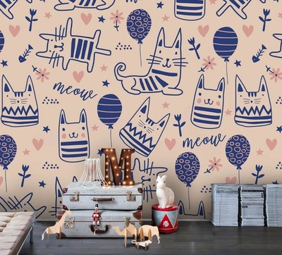 3D Hand-drawn Cat Balloon Pattern Wall Murals Wallpaper Murals Wall Sticker