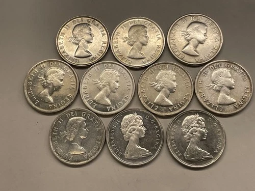 Lot of 10 -  CANADIAN SILVER DOLLARS 1953 - 1966