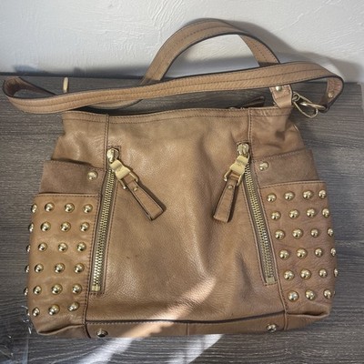 B Makowsky Studded Brown Leather Hobo Shoulder Bag Purse *Read Desc*