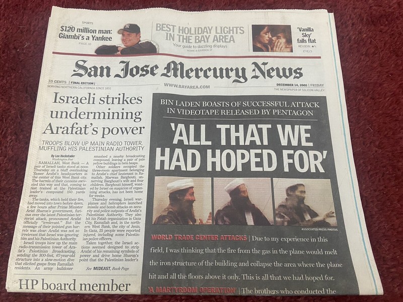 San Jose Mercury News: BIN LADEN - 911 / “ALL THAT WE HOPED FOR" / DEC. 14, 2001