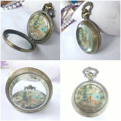 Antique Style Pocket Watch Eiffel Paris Theme Face Glass Cover Bronze Case New