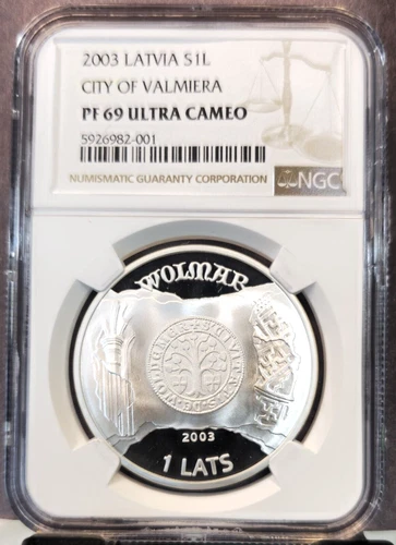 2003 LATVIA SILVER 1 LATS CITY OF VALMIERA NGC PF 69 ULTRA CAMEO SCARCE