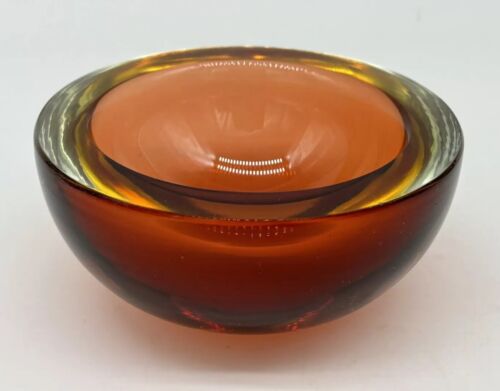 MCM Murano Sommerso Burnt Orange Yellow Clear Art Glass Geode Flat Cut Rim Bowl - Afbeelding 1 van 10