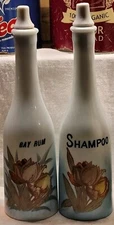 Nice Antique Barber Bottle Set Bay Rum & Shampoo Matching Hand Painted Design 