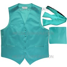 New Men's aqua blue vest Tuxedo Waistcoat self tie bow tie and hankie wedding