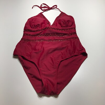 NEW Maroon Halter Neck Crocheted Eyelet Low Back Swimsuit Womens Size XL