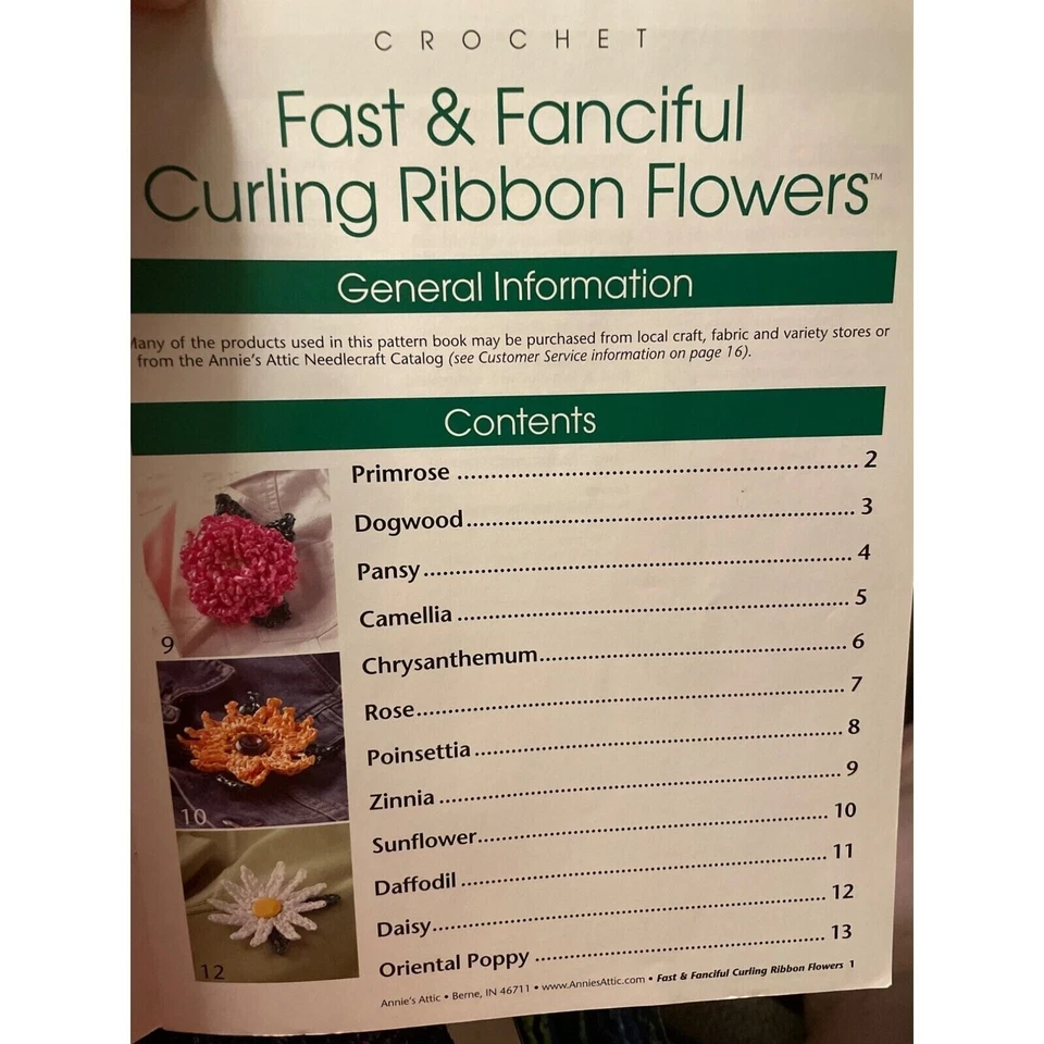 Crochet Annies Attic Fast & Fanciful Curling Ribbon Flowers 12 Patterns Book - Image 4 of 4
