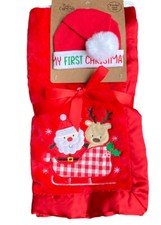 Baby's First Christmas Red Santa  Reindeer Baby Blanket and Santa Hat for Photo
