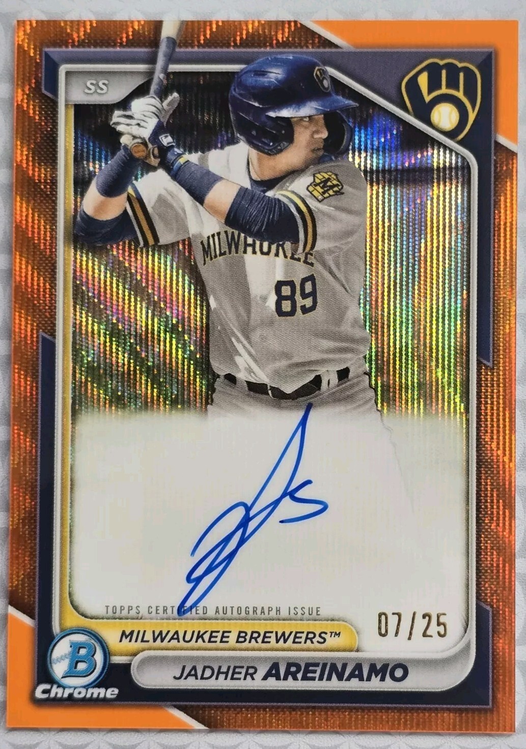 2024 Bowman Chrome JADHER AREINAMO Orange Wave Auto /25 #CPA-JA SP Milwaukee