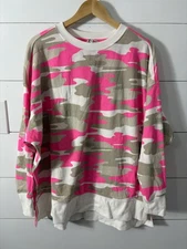 Crown & Ivy Sweater Womens Large Pink Beige White Camo Pullover Crewneck Casual