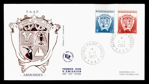 DR WHO 1993 FRENCH ANTARCTIC FSAT FDC COAT OF ARMS COMBO CACHET k16644