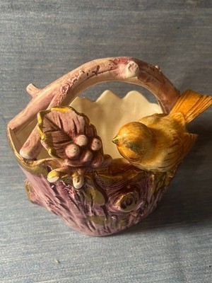 VTG. Ucagco Ceramic Yellow Bird on Pink Tree Trunk Basket Planter Figurine