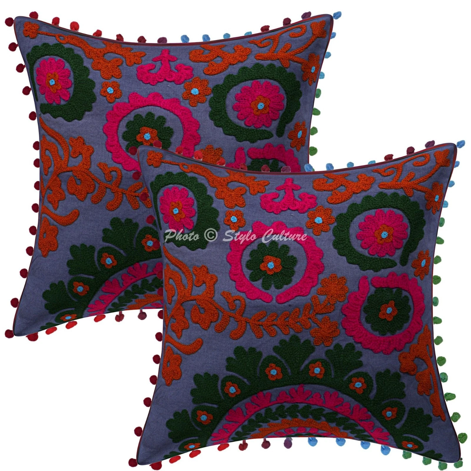Boho Suzani Embroidered Pom Pom Throw Pillow Covers Cotton 40 cm Floral 40x40 cm