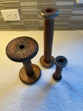 3 Antique Vintage Wooden Spools Bobbins Spindles Yarn Thread Industrial Textile