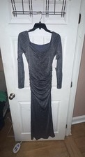 GUESS Blue Glitter Ruched Gown Scoop Neck Long Sleeve Maxi Dress Size 8