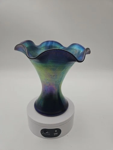 Vintage Steuben Glass Blue Aurene Fluted Vase 6"