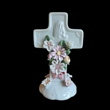 White Porcelain Cross with Praying Hands and Beautiful Pastel Flowers Vintage