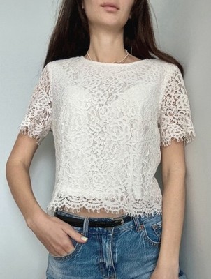 ESPRIT Lace Top White Size EU 38 US 8 Floral Short Sleeve Romantic Boho Blouse