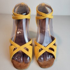 Suede Salsa Latin Dance Shoes Yellow, Strappy, 3.25" Heel, Dance and Sway 7-7.5