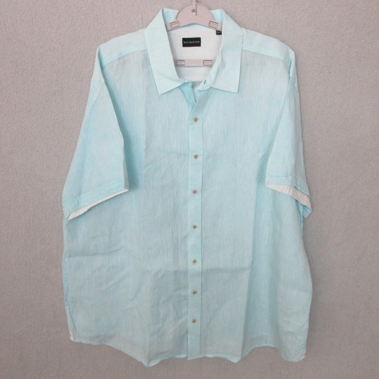 Rochester Mens 2XL Linen Shirt Light Blue Short Sleeve Button Up