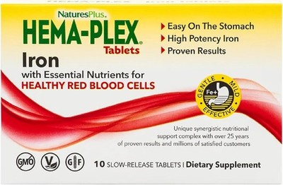 NaturesPlus Hema-Plex Iron - 10 Slow-Release Tablets - 85 mg Chelated Iron - Tot
