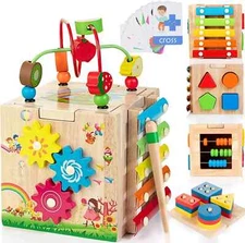 Wooden Activity Cube, 8 in 1 Montessori Toys for 1-2 Year Olds